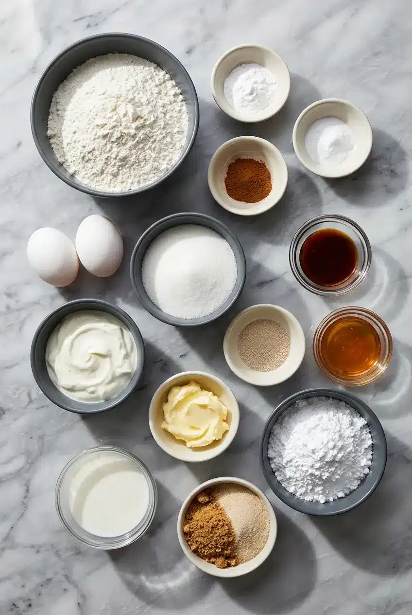 Baking ingredients for Cinnamon Roll Cupcakes including cake flour, sour cream, brown sugar, and vanilla extract.