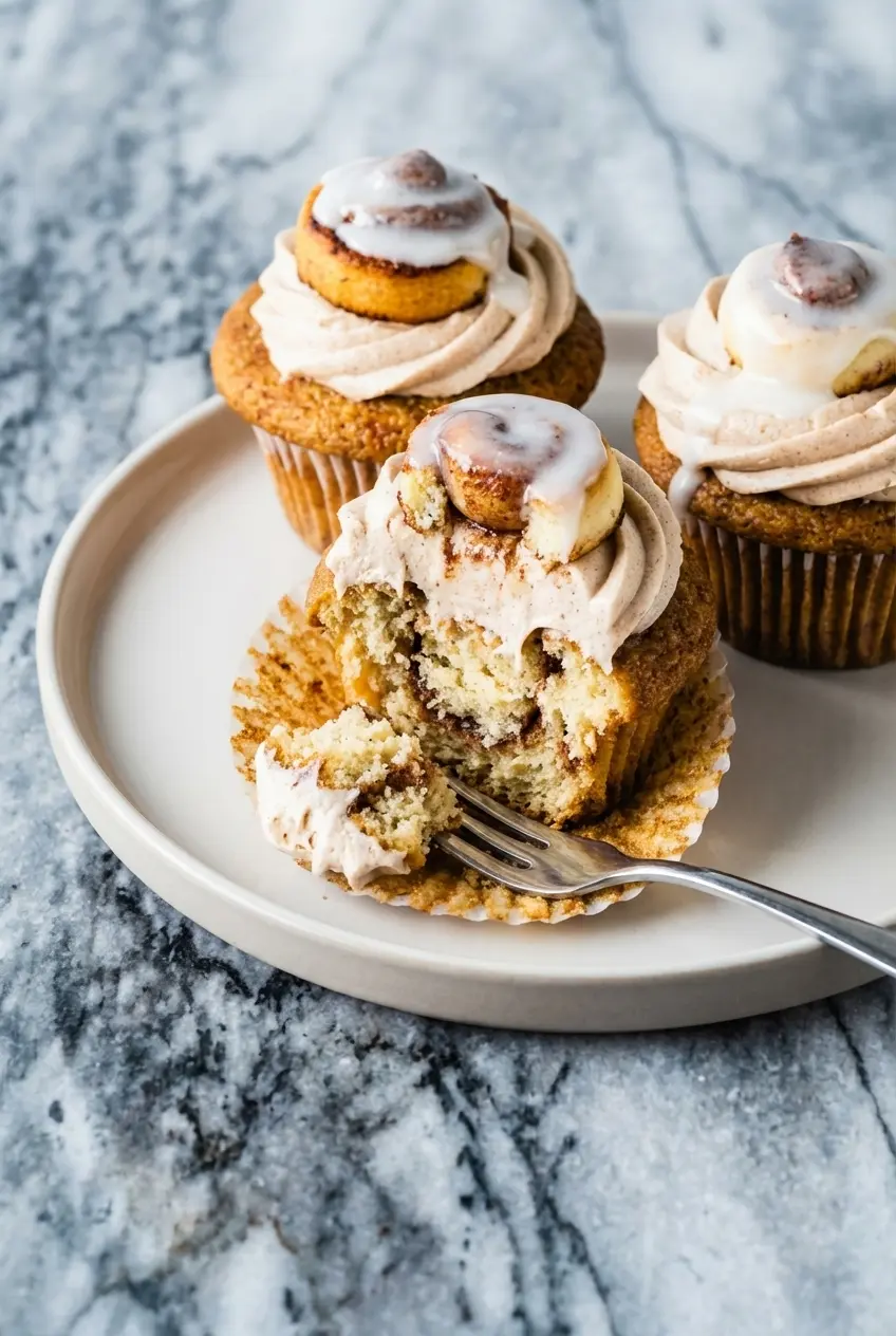 Close-up of the tender crumb and brown butter cinnamon swirl inside these Cinnamon Roll Cupcakes.