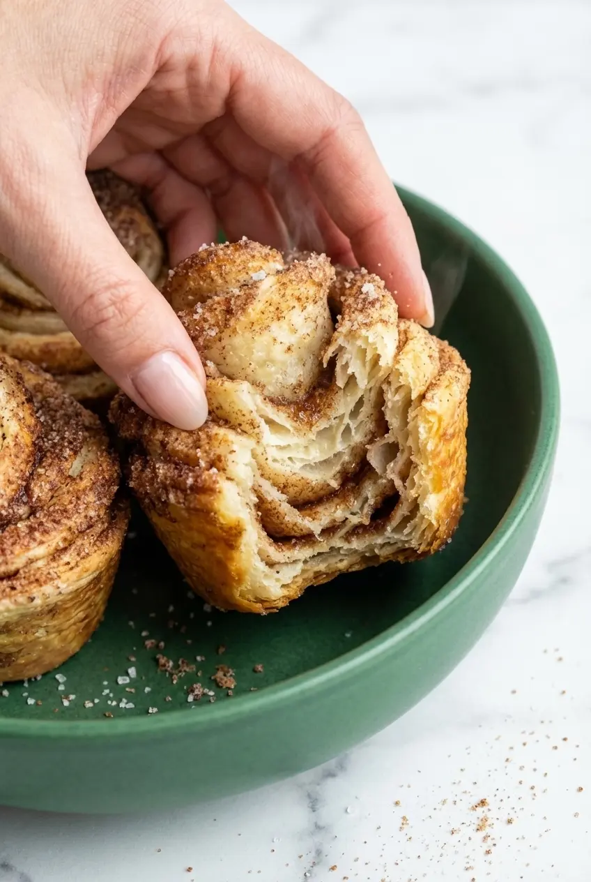 Close up of a freshly baked Cinnamon Sugar Cruffin showing the caramelized sugar crust and flaky pastry layers.
