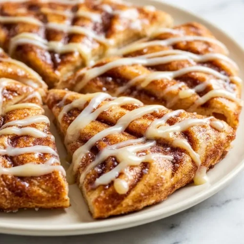 Cinnamon Sugar Pizza made with Crescent Rolls topped with vanilla glaze, brown butter, and a sprinkle of flaky sea salt.