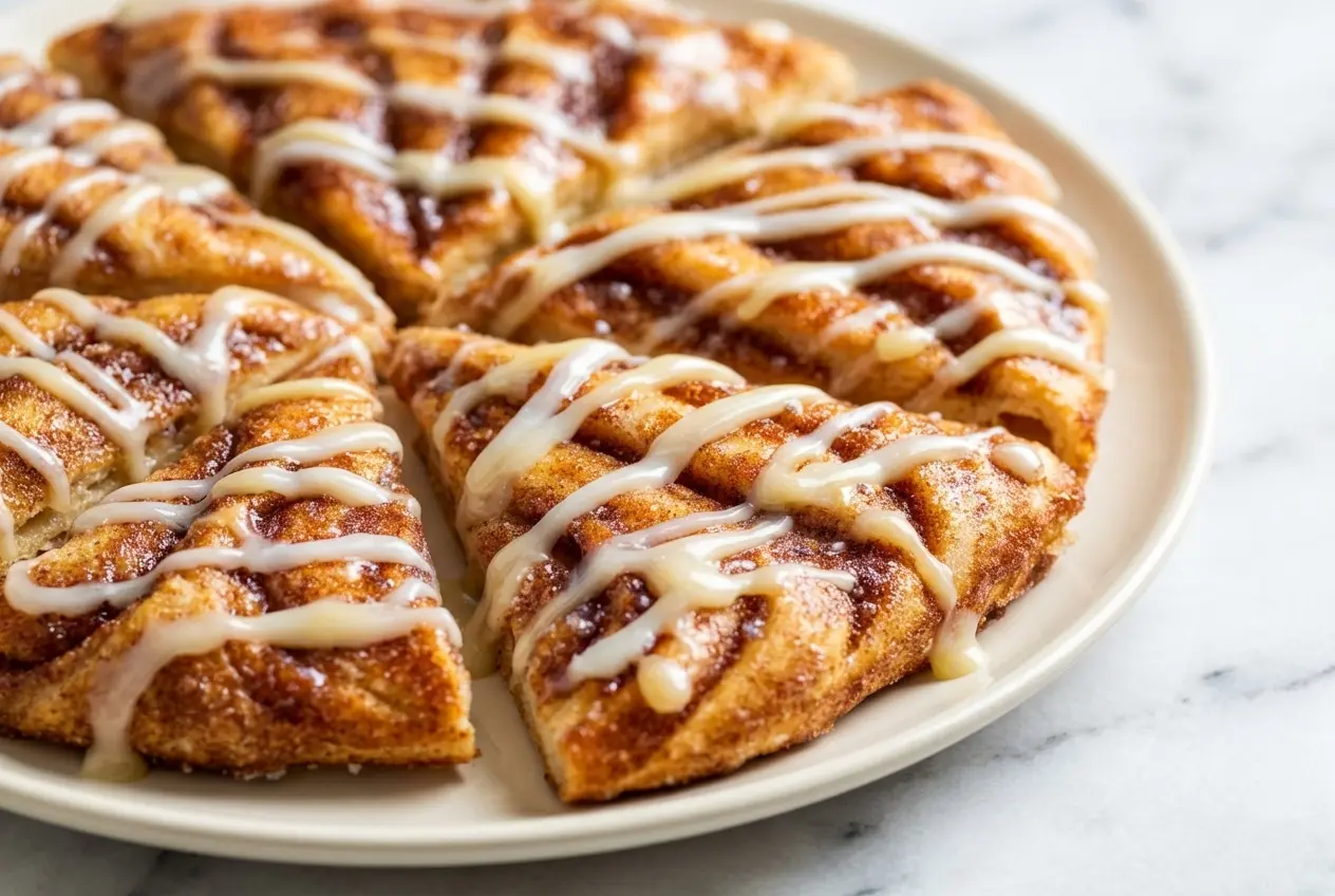 Cinnamon Sugar Pizza made with Crescent Rolls topped with vanilla glaze, brown butter, and a sprinkle of flaky sea salt.