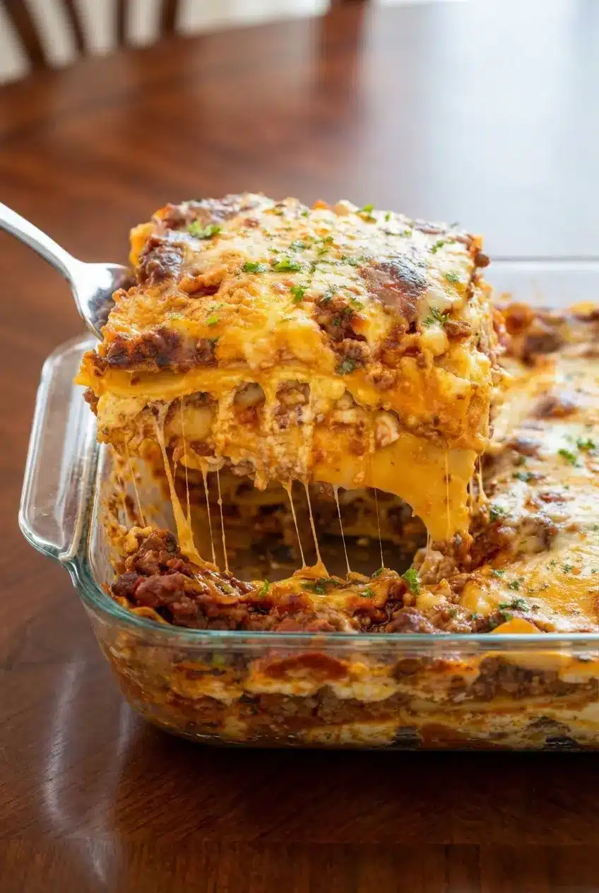 A neatly cut square of Classic Beef Lasagna revealing distinct layers of al dente noodles, meat sauce, and cheese filling.