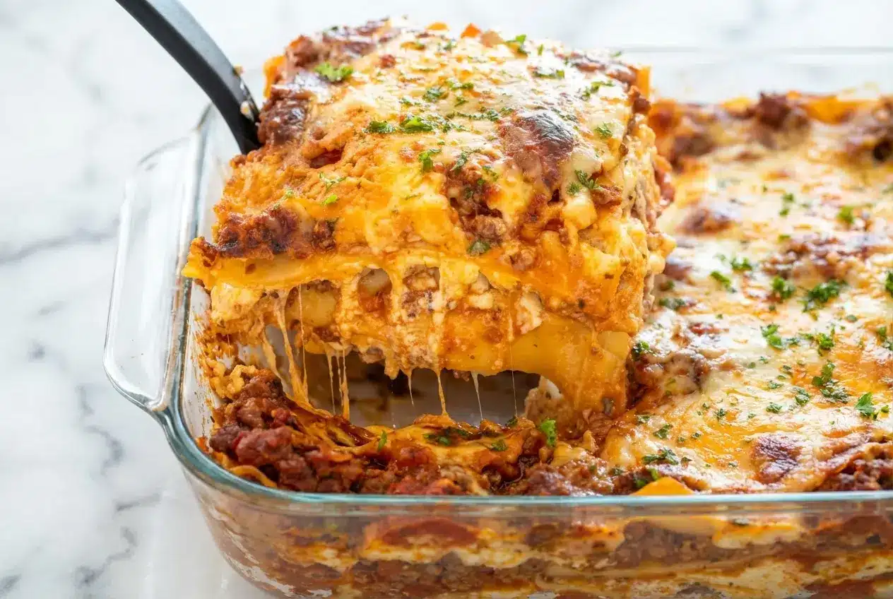 Slice of Classic Beef Lasagna featuring umami sausage meat sauce and a creamy nutmeg-spiced ricotta filling.