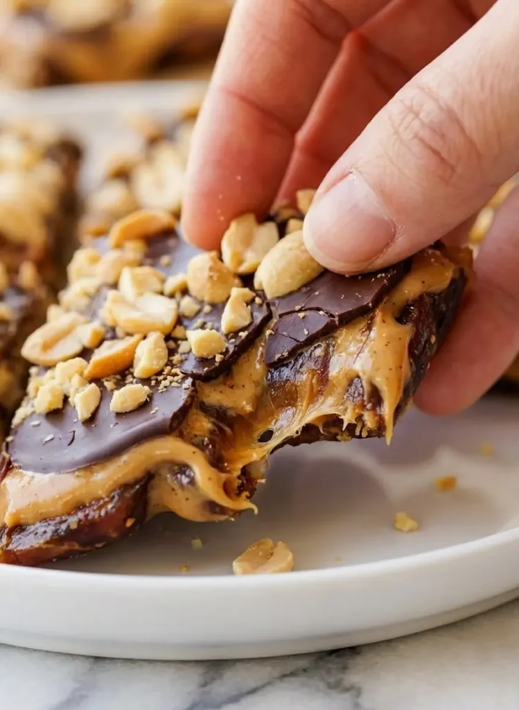 Spreading melted chocolate mixed with coconut oil over stuffed dates to finish a homemade Date Snickers Recipe.