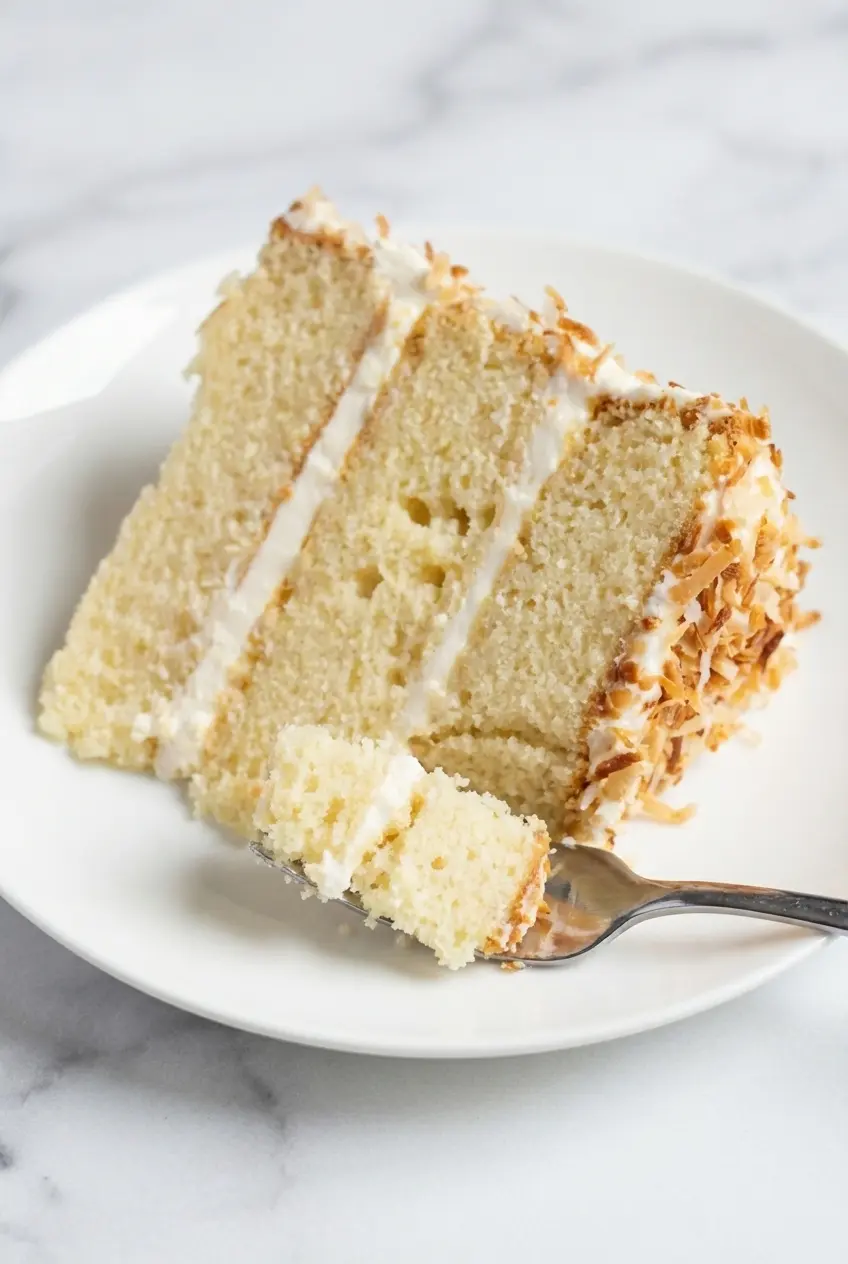 Close-up of slicing into a Coconut Cake showing the moist crumb and perfectly layered cream cheese frosting.