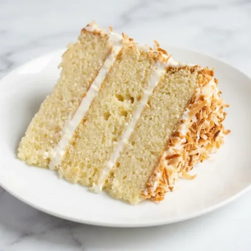 Moist Coconut Cake with a toasted coconut milk infusion and velvety cream cheese frosting topping.
