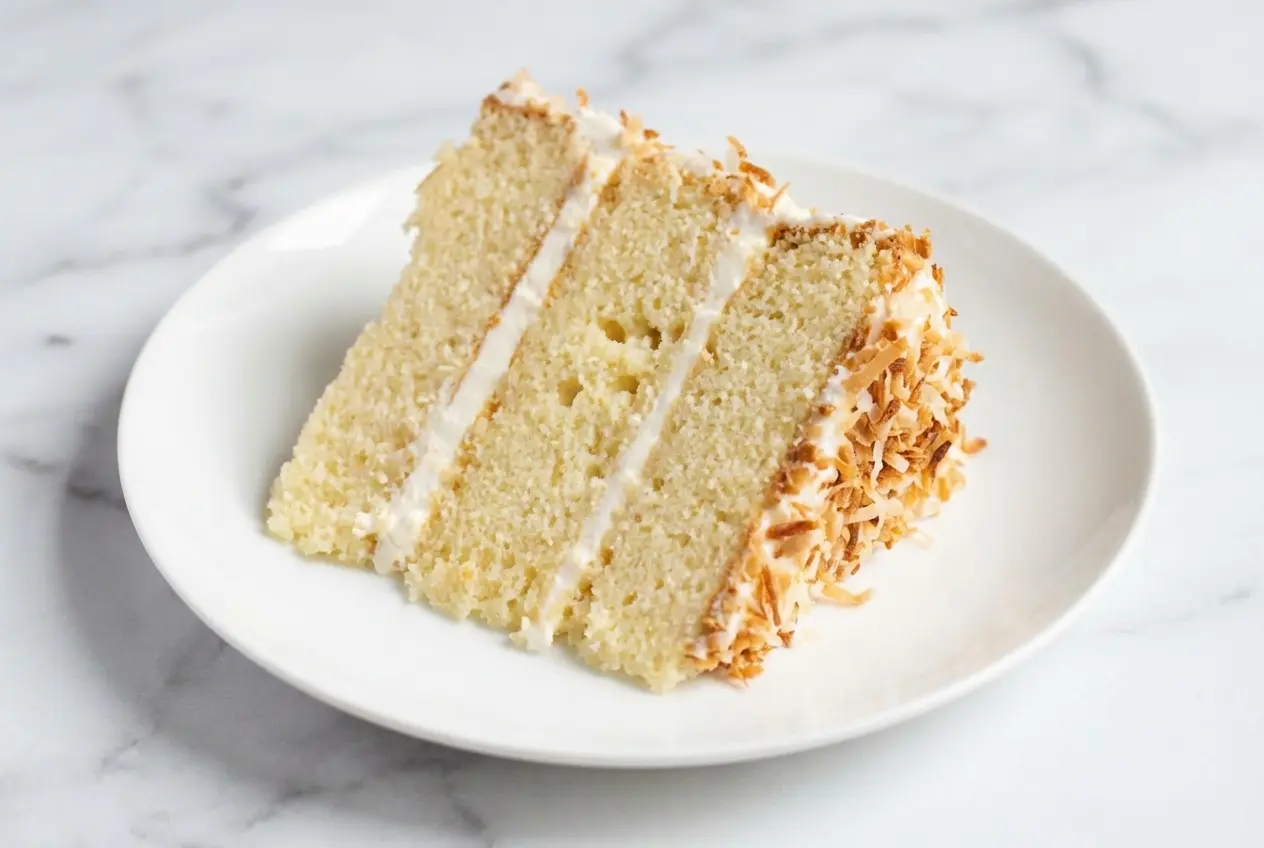 Moist Coconut Cake with a toasted coconut milk infusion and velvety cream cheese frosting topping.