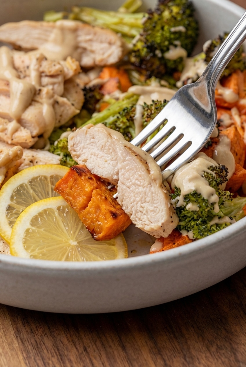 A small bowl of thick tahini-lemon-garlic paste, the secret to making the best tahini chicken bowls.
