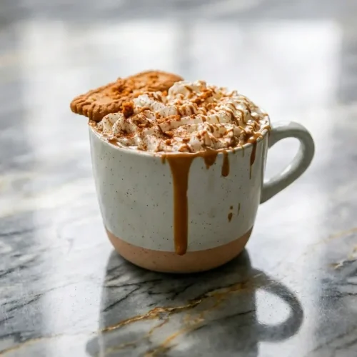 Creamy cookie butter latte topped with whipped cream and a sea salt kicker for a balanced finish.