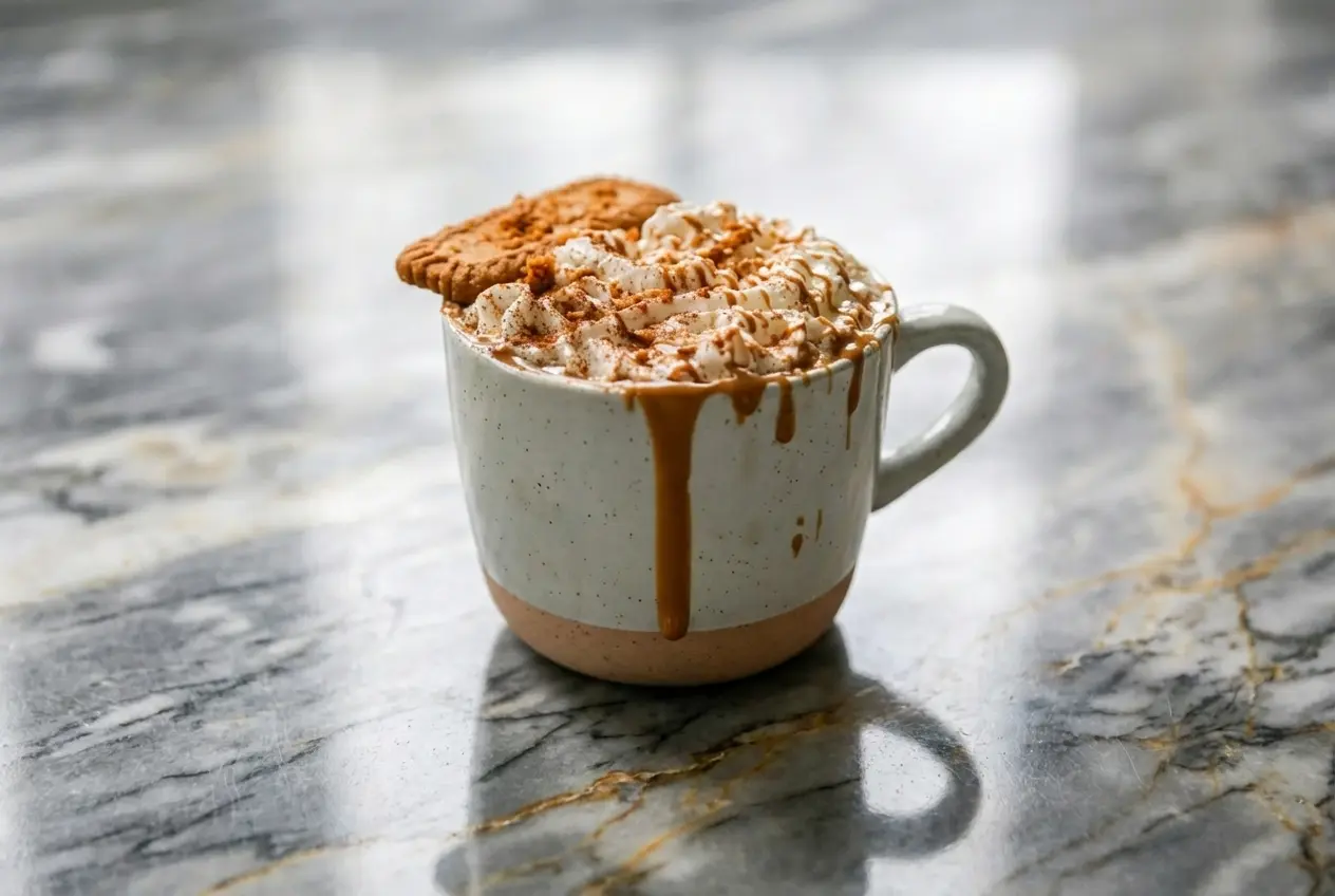 Creamy cookie butter latte topped with whipped cream and a sea salt kicker for a balanced finish.