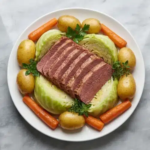 Corned beef and cabbage recipe featuring a bubbly honey-mustard crust over sliced brisket with tender vegetables.