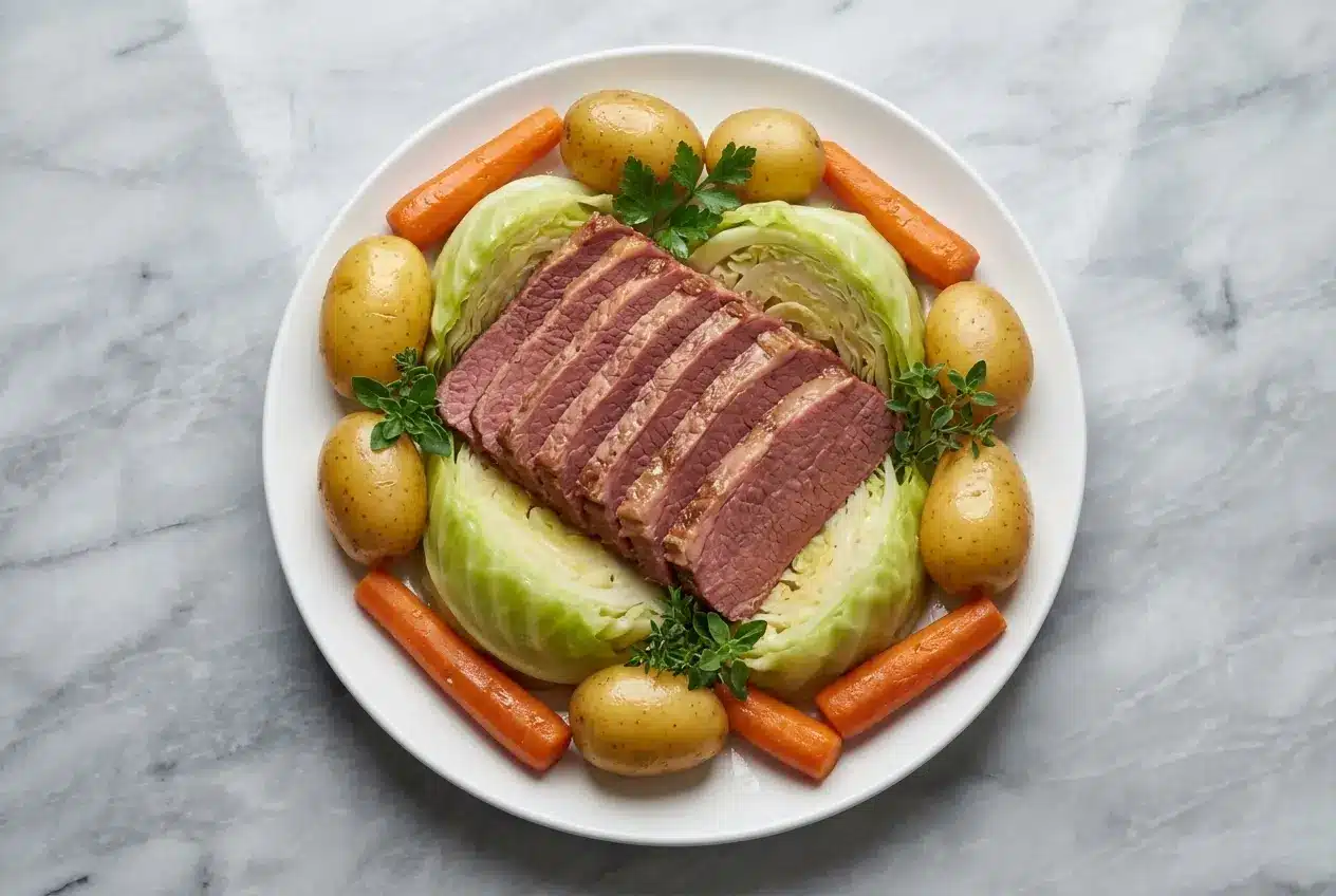 Corned beef and cabbage recipe featuring a bubbly honey-mustard crust over sliced brisket with tender vegetables.