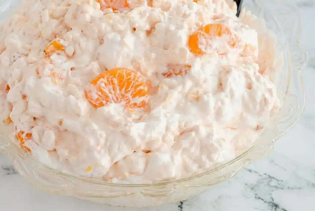 Creamy Cottage Cheese Jello Salad in a bowl, made with half-blended cottage cheese for a smoother, fluffier texture.