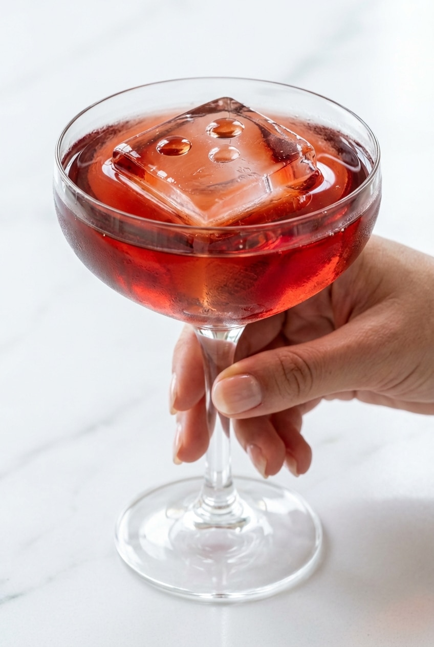 A freshly mixed Broken Plane Cocktail on a bar top, showcasing the double strain technique and perfectly clear slanted ice.