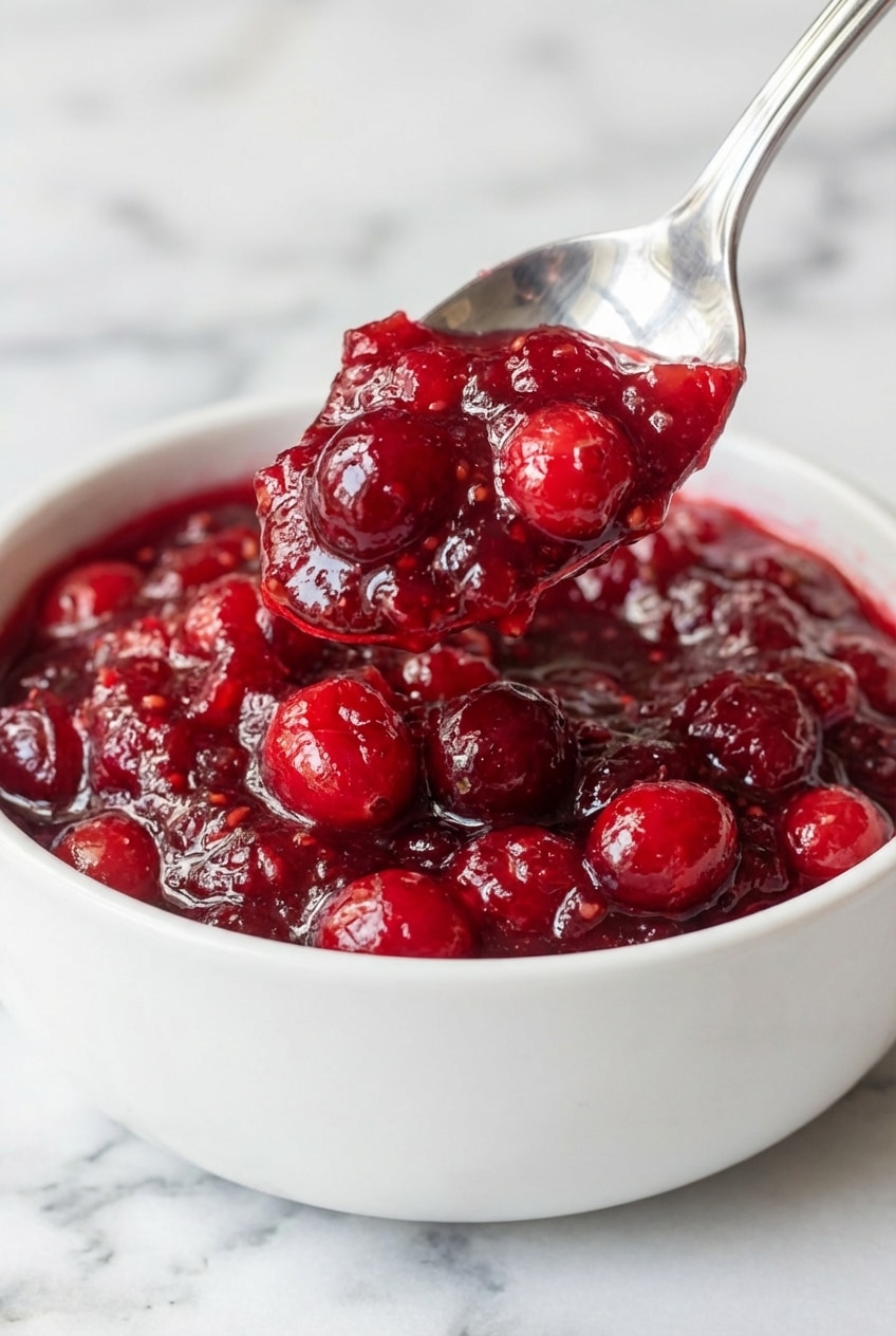 Close up detail of cranberry relish recipe showing the glossy cooked sauce coating the crisp raw berry chunks