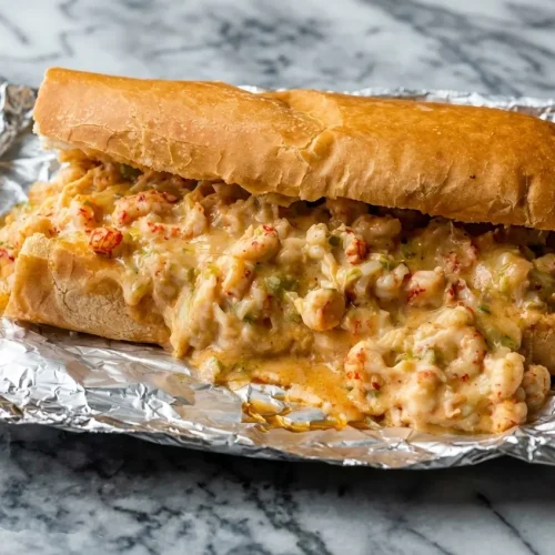 Cheesy Crawfish Bread Recipe featuring a browned butter and lemon zest crust on toasted French bread.