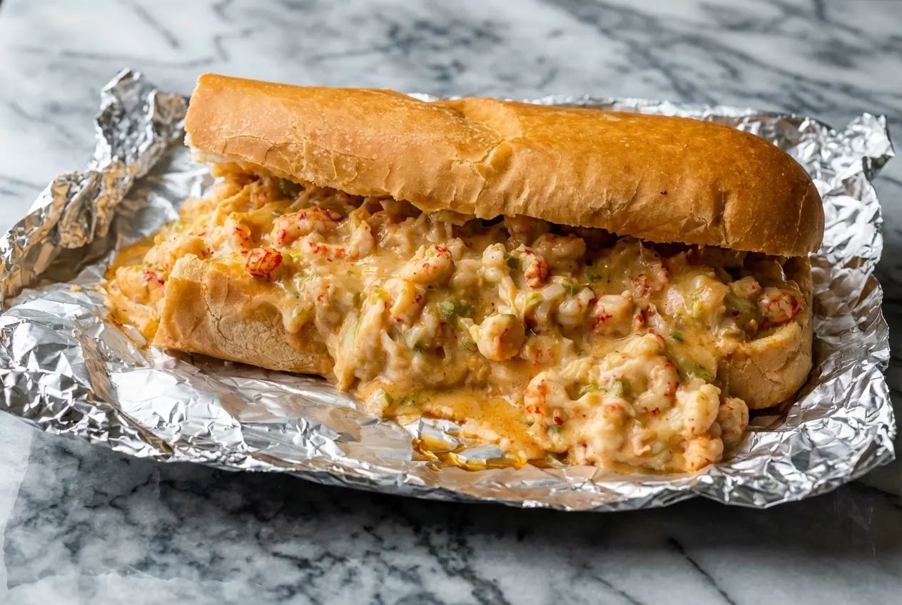Cheesy Crawfish Bread Recipe featuring a browned butter and lemon zest crust on toasted French bread.