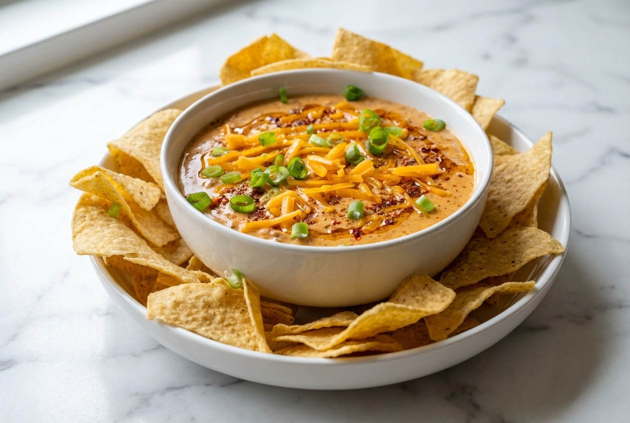 Bowl of hot Cream Cheese and Chili Queso Dip drizzled with red oil from the spice bloom technique surrounded by tortilla chips.