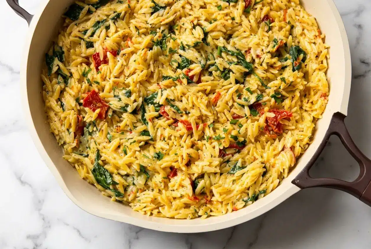 Creamy Boursin Orzo Bake in a skillet with golden edges from a two-stage flavor-boost bake, topped with sun-dried tomatoes.