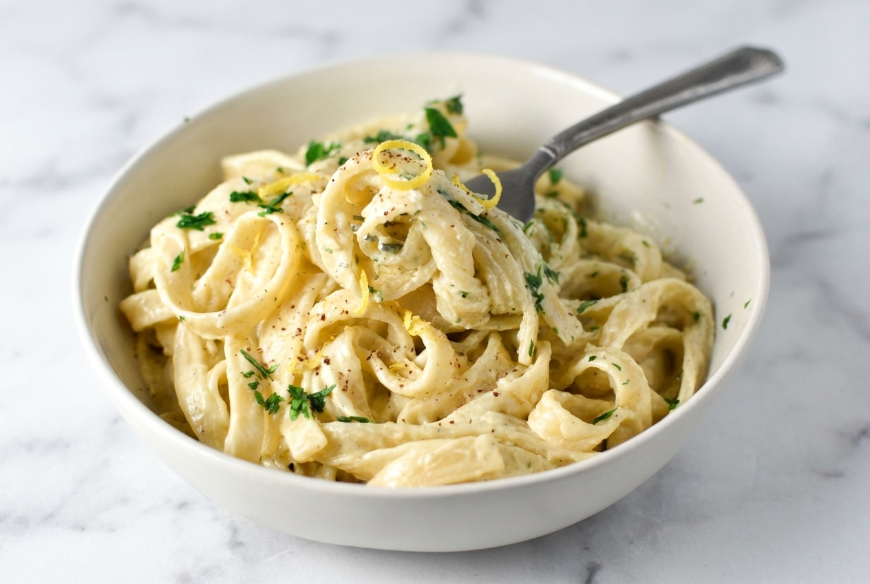Creamy boursin pasta tossed with fettuccine, finished with bright lemon zest and a touch of warm nutmeg.