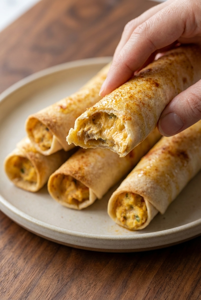 A close-up of a baked creamy chicken taquito split in half, revealing the warm, gooey filling of shredded chicken and melted cheese.