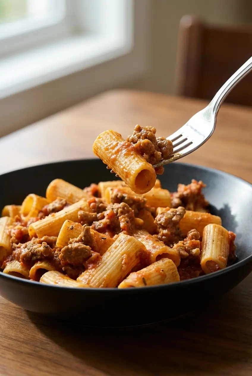 Close up of the velvety emulsified sauce coating al dente rigatoni in this creamy italian sausage pasta.