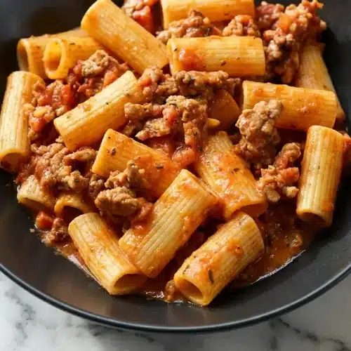Bowl of creamy italian sausage pasta with a rust-colored tomato cream sauce, browned sausage, and fresh herbs.