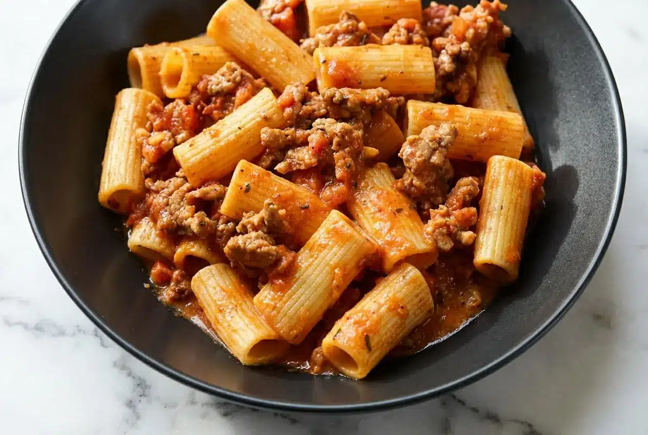 Bowl of creamy italian sausage pasta with a rust-colored tomato cream sauce, browned sausage, and fresh herbs.