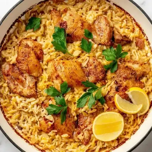 Golden seared chicken thighs over Creamy Lemon Chicken Orzo, featuring a rich off-heat parmesan rind emulsion in a skillet.