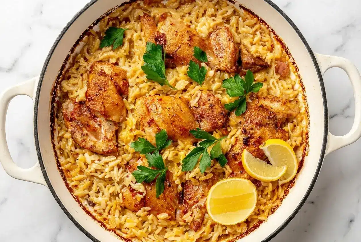 Golden seared chicken thighs over Creamy Lemon Chicken Orzo, featuring a rich off-heat parmesan rind emulsion in a skillet.