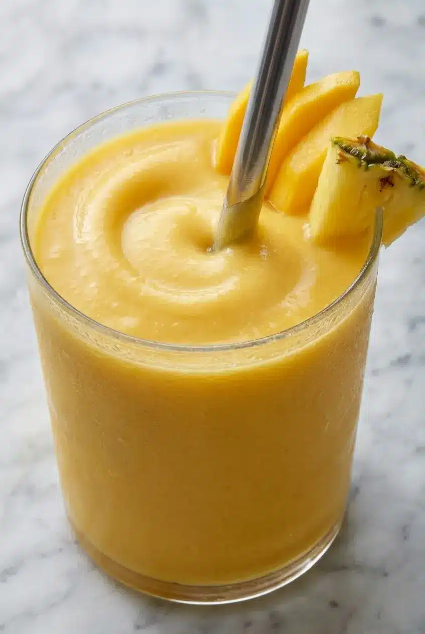 Thick mango pineapple smoothie pouring into a glass showing a velvety, creamy texture.