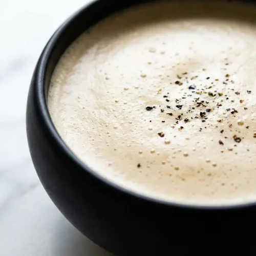 Frothy Mushroom Tea recipe in a ceramic mug, blended with coconut oil and a pinch of black pepper for a creamy finish.