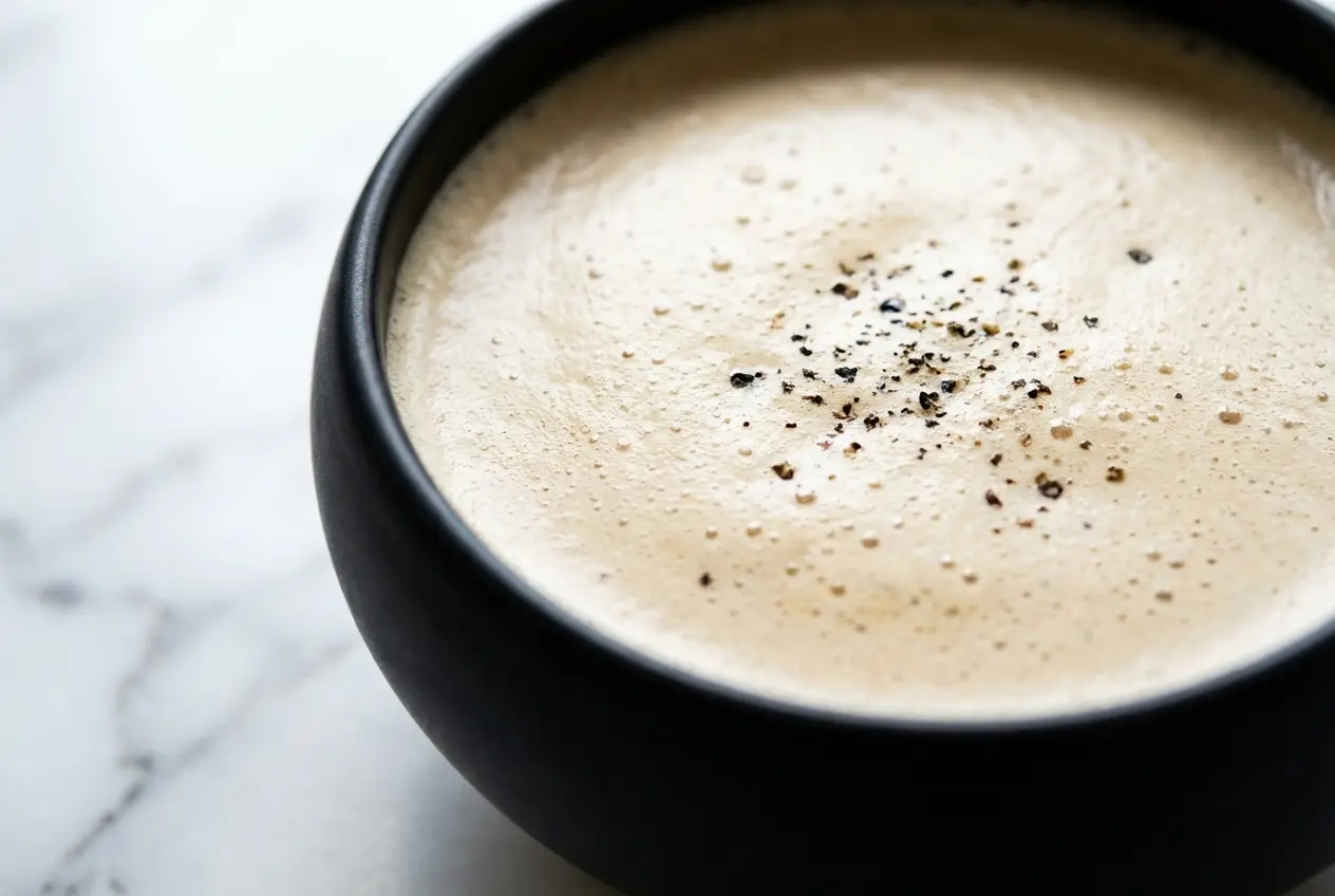 Frothy Mushroom Tea recipe in a ceramic mug, blended with coconut oil and a pinch of black pepper for a creamy finish.