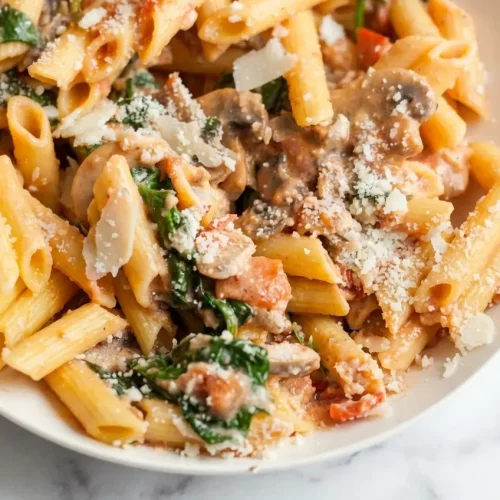 Bowl of creamy penne rosa noodles with fresh spinach and button mushrooms, featuring a rich heavy cream and white wine sauce.
