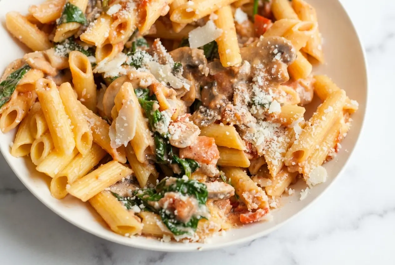 Bowl of creamy penne rosa noodles with fresh spinach and button mushrooms, featuring a rich heavy cream and white wine sauce.