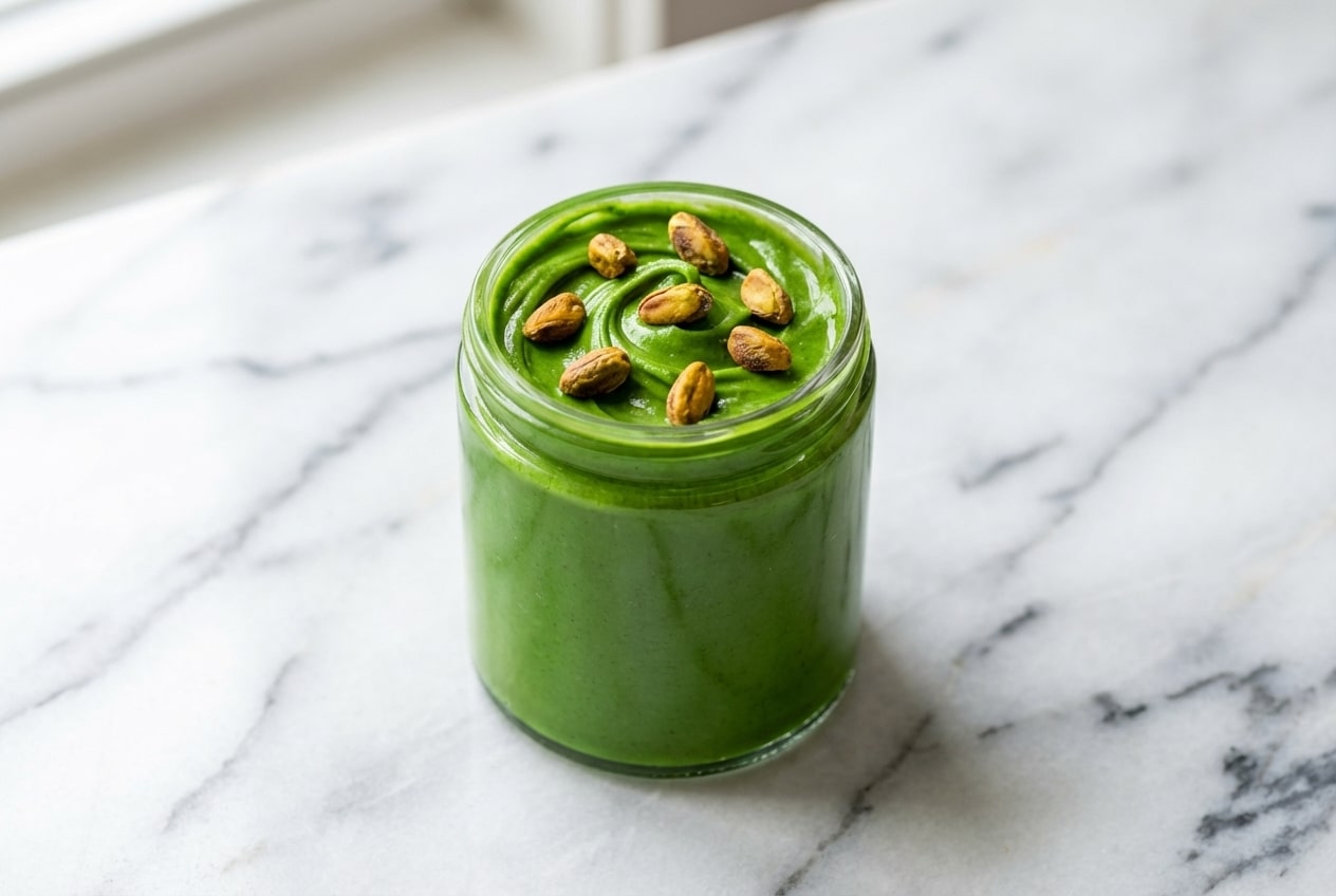 Spoonful of vibrant green pistachio butter recipe showing a smooth, emulsified texture created by the blanch-then-toast method.