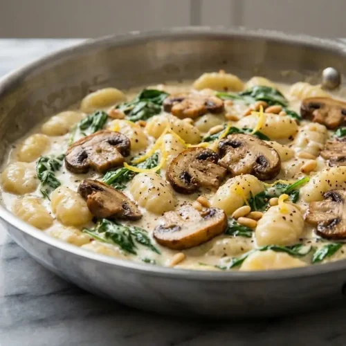Creamy Spinach and Mushroom Gnocchi topped with toasted pine nuts and lemon zest in a rich sherry-infused sauce.