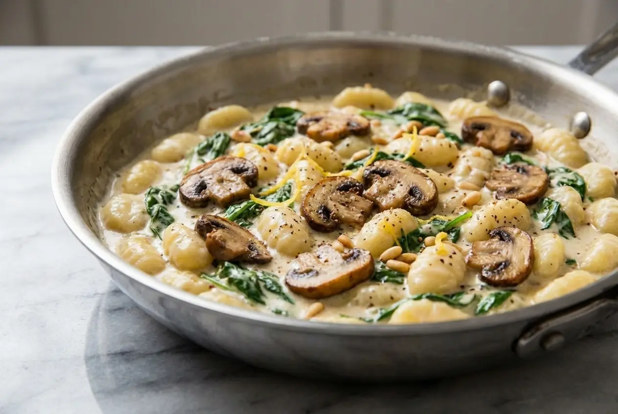 Creamy Spinach and Mushroom Gnocchi topped with toasted pine nuts and lemon zest in a rich sherry-infused sauce.