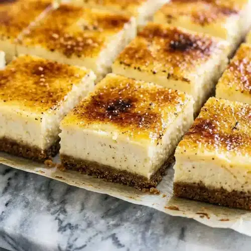 Crème Brûlée Cheesecake Bars with a crackly caramelized sugar top and nutty brown butter graham cracker crust.