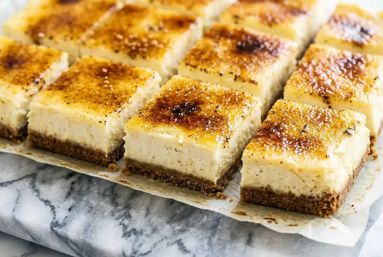 Crème Brûlée Cheesecake Bars with a crackly caramelized sugar top and nutty brown butter graham cracker crust.