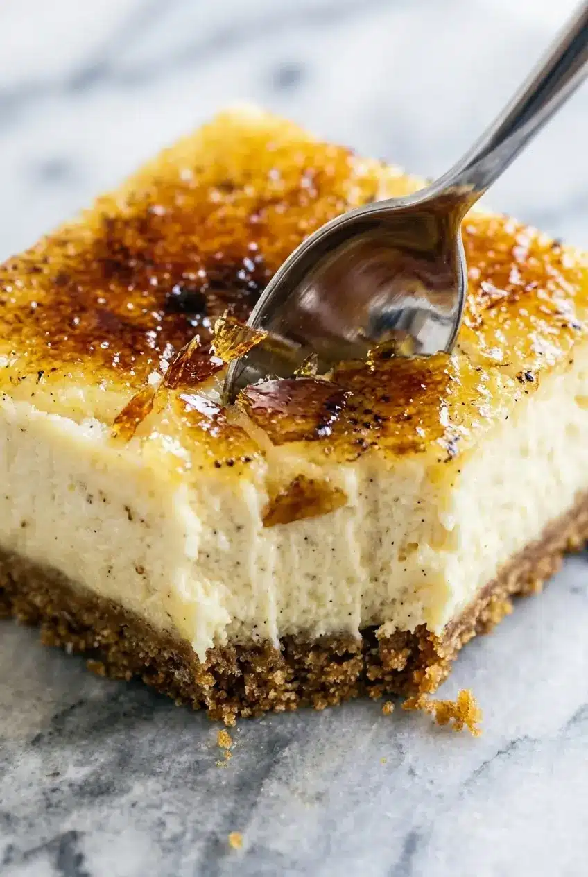 Close-up of the torch-fired sugar surface on Crème Brûlée Cheesecake Bars showing perfect caramelization.