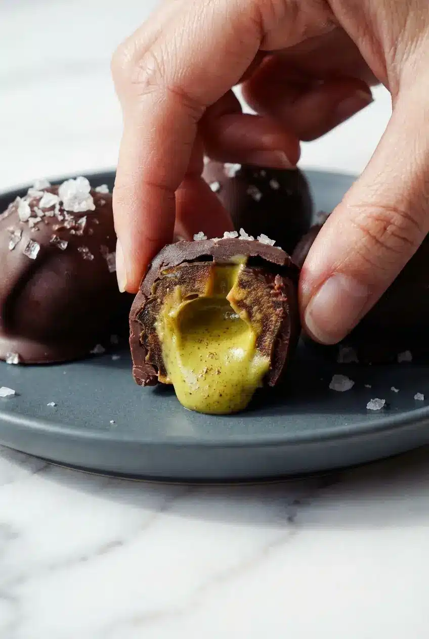 Close-up of the crisp dark chocolate coating on Pistachio Butter Stuffed Dates topped with large flakes of sea salt.