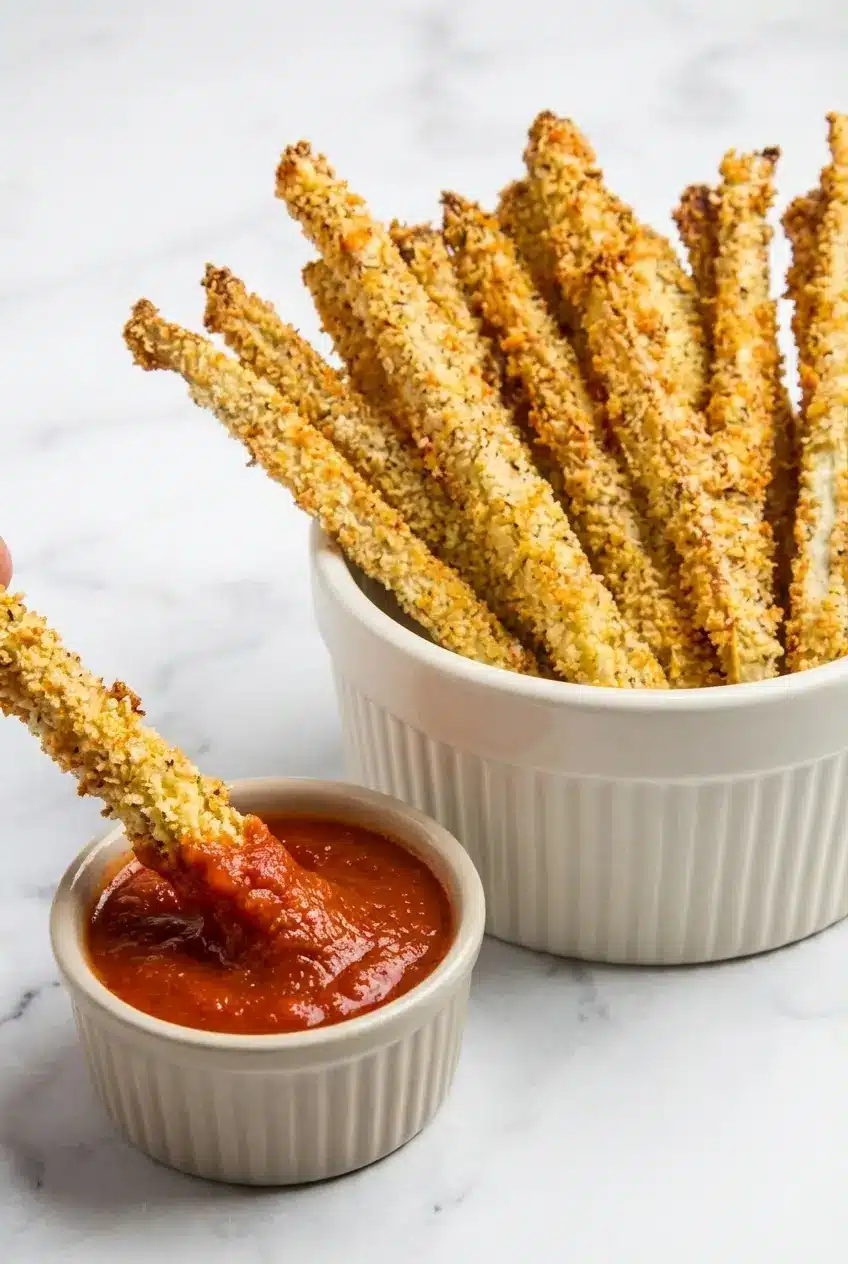 Close-up of the golden panko coating on Crispy Baked Eggplant Fries resting on a wire rack to maintain maximum crunch.