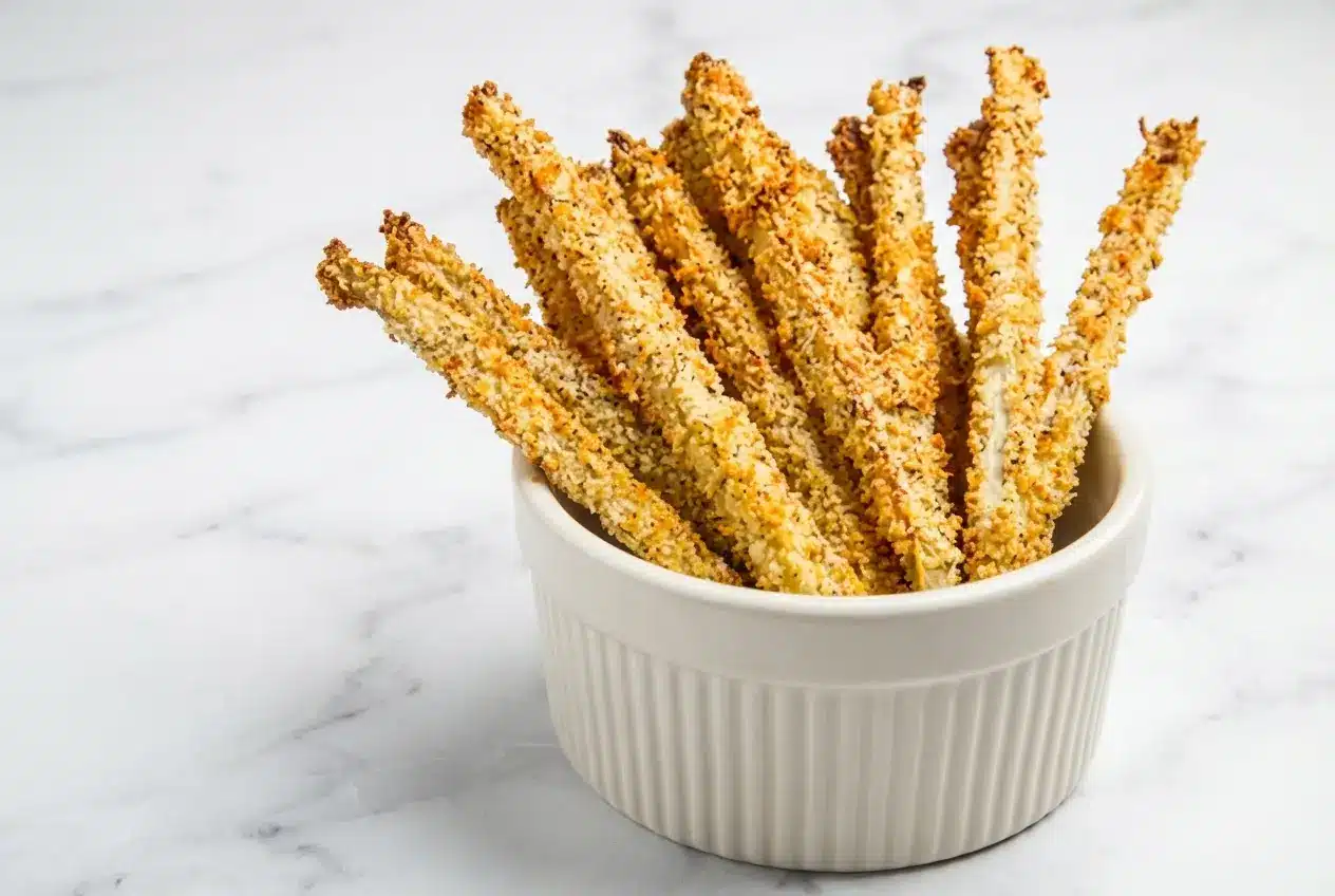 Golden Crispy Baked Eggplant Fries stacked next to marinara sauce. Pre-sweating and cornstarch ensure a perfectly crunchy bite.