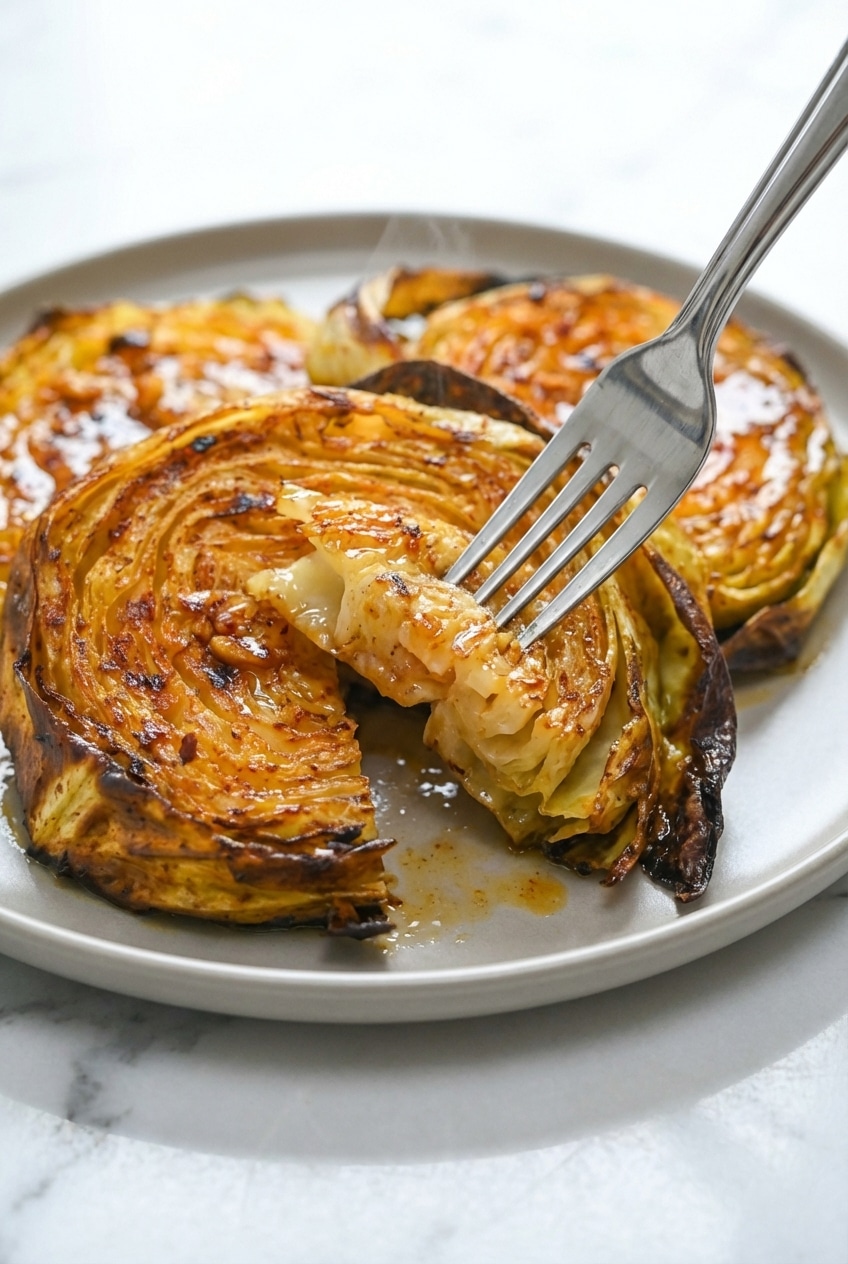 Close-up of deep brown, crispy caramelized edges on a sliced wedge for this roasted cabbage steaks recipe.