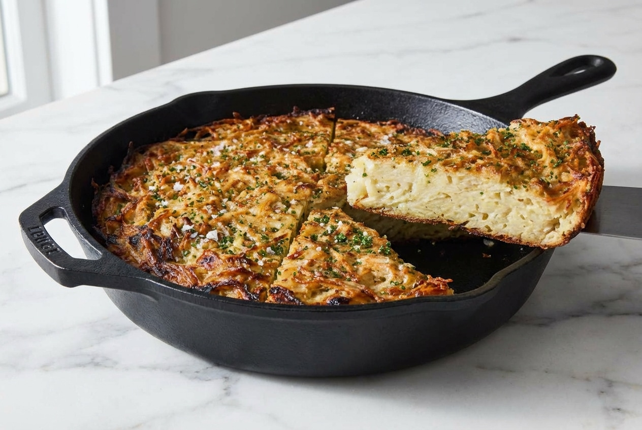 Sliced serving of this potato kugel recipe showing a golden crispy crust achieved by a cast-iron sear and boiling water pour.