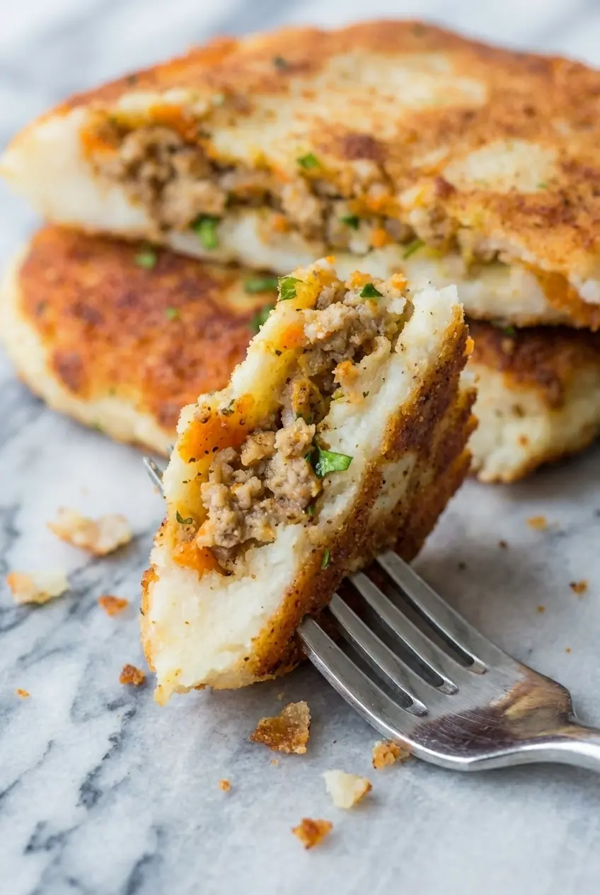 Extreme close-up of the golden Maillard reaction on the crust of mashed potato pancakes with meat filling.