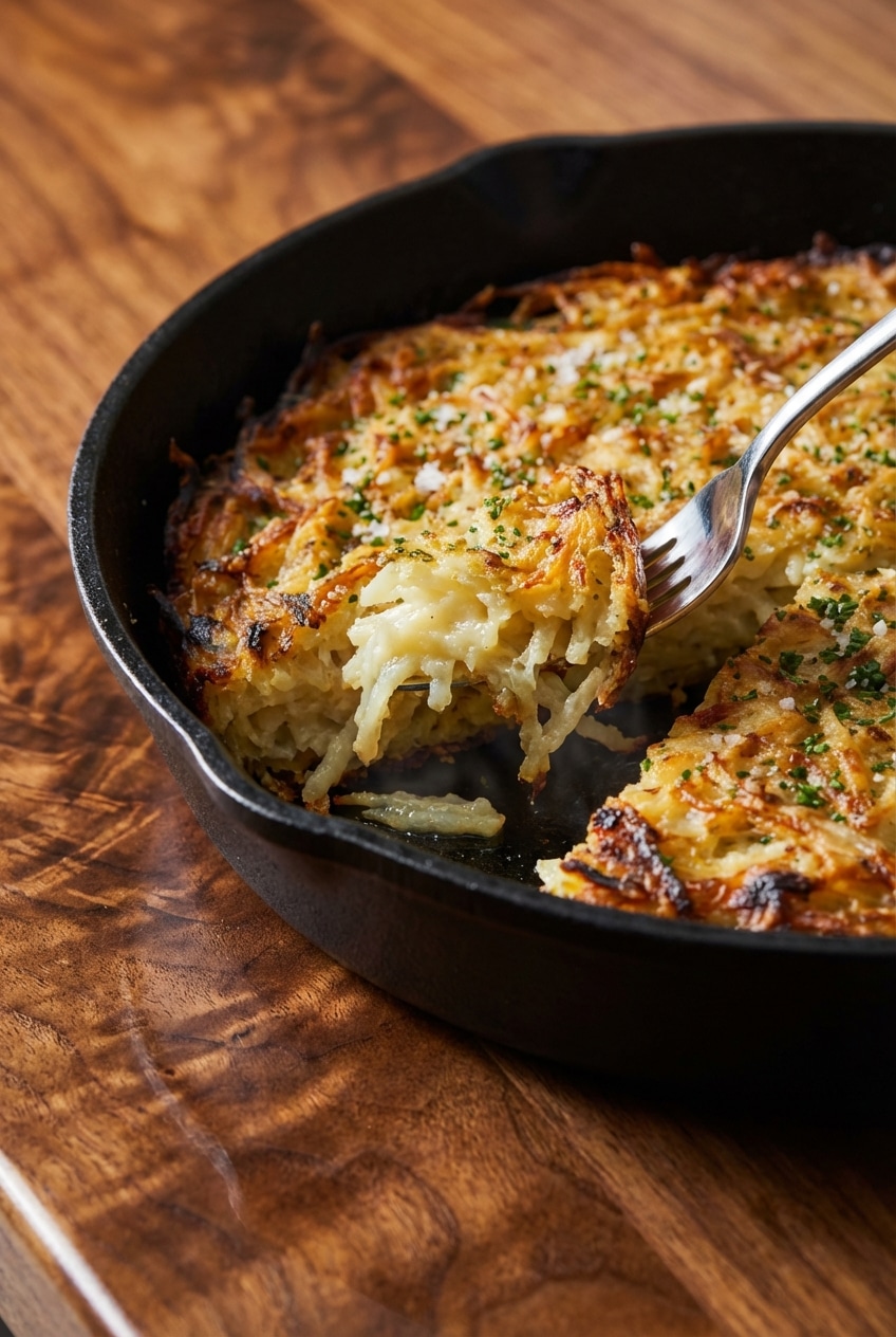 Close-up of the deeply browned, crispy edges of our potato kugel recipe baked in a screaming hot cast-iron skillet.
