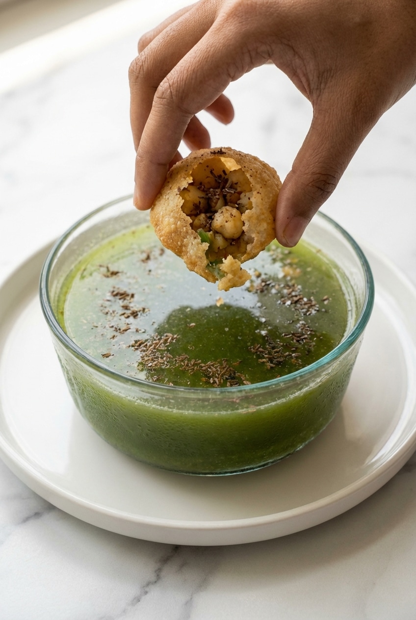 Close-up of a perfectly fried, golden rava puri shell for this Pani Puri Recipe showing its thin, crispy texture.