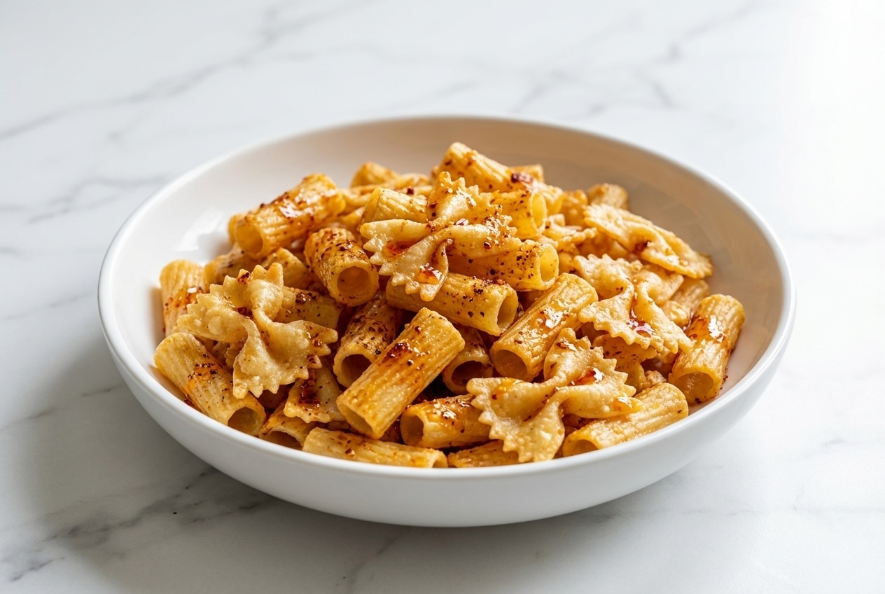Golden brown farfalle pasta chips recipe coated in bloomed spiced oil and parmesan cheese piled in a serving bowl.